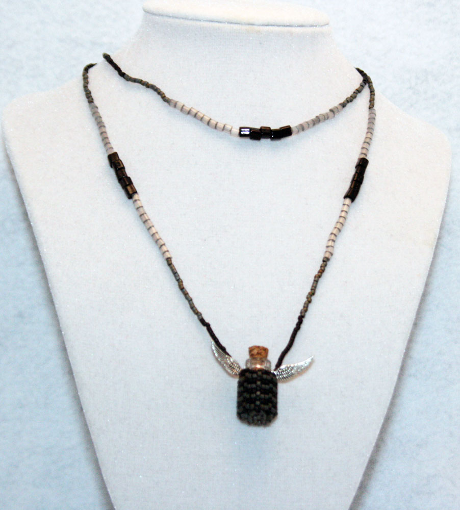 Necklace Beaded Fairy Bottle in Black and Gray with Wings