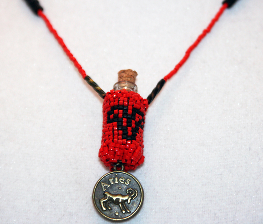 Beaded Bottle Aries Necklace in Red and Black with Medallion