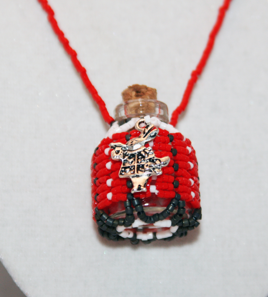 Necklace Beaded Bottle in Red, Gray, and White with a White Rabbit Charm. Alice in Wonderland Tribute