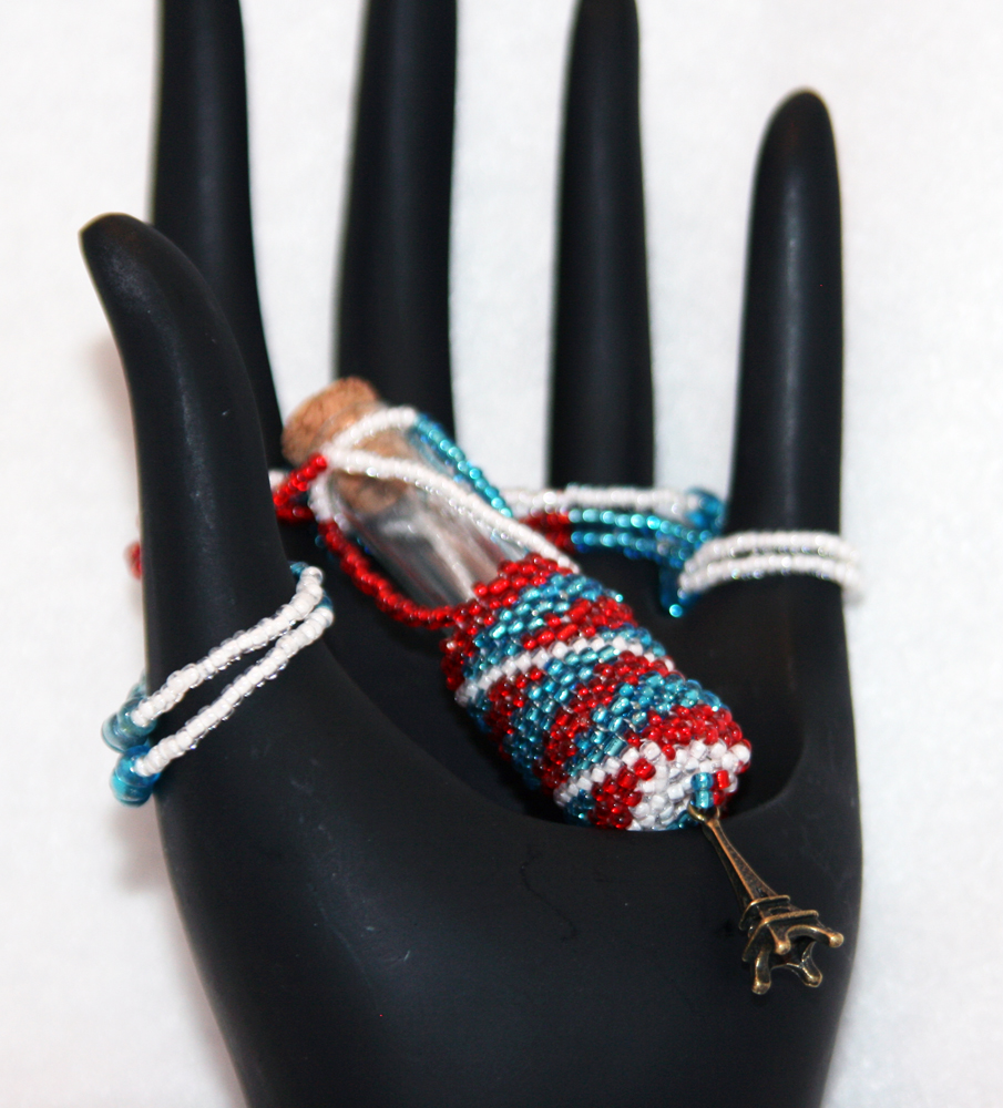 Necklace Beaded Bottle in Red, White, and Blue with Eiffel Tower Charm