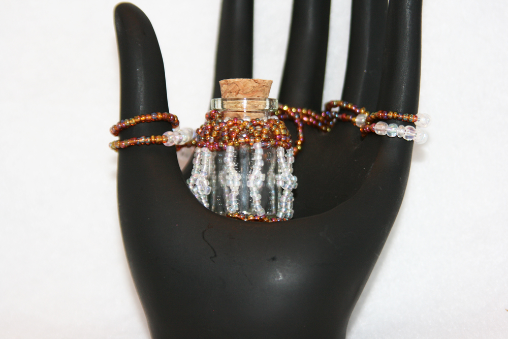 Necklace Bird Cage Beaded Bottle in Copper and Pearl