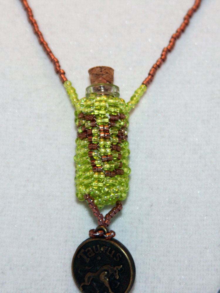 Necklace Beaded Bottle Taurus in Green and Gold with Horoscope Medallion